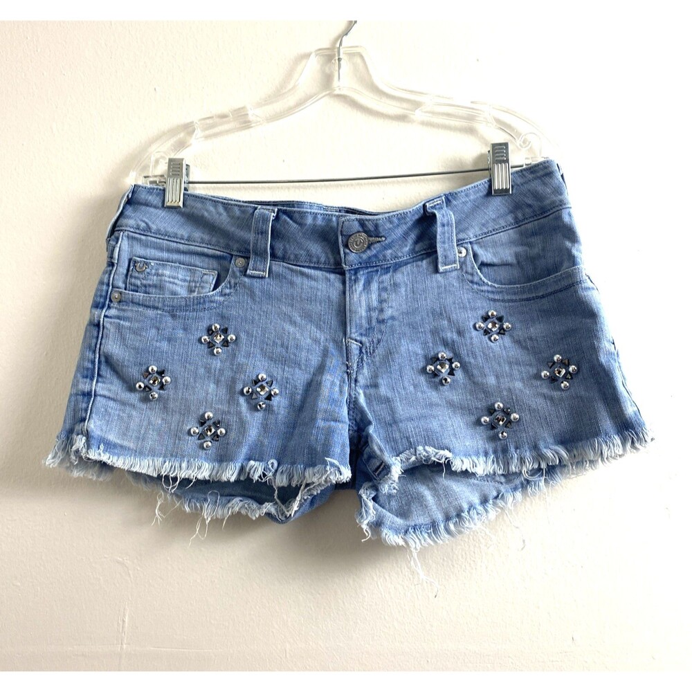 True Religion Blue Denim Shorts Womens 31 Cut Off Frayed Hem Embellished Stretch